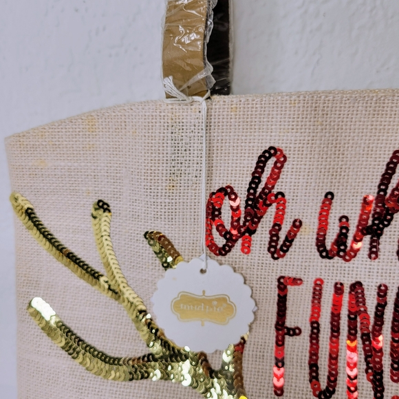 Mud pie Jute Sequin Holiday Reindeer Tote, Gift Bag, Leather Straps, Oh What Fun - Picture 2 of 11